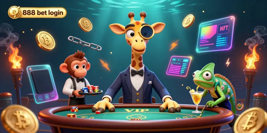 Experience the thrill of u888 bet login with vibrant characters, cards, and glowing crypto elements in this detailed casino scene.
