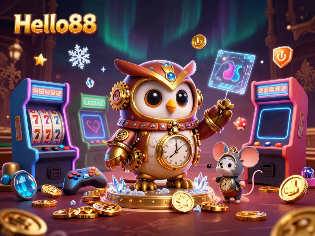 Experience thrilling gameplay at Hello88 with a captivating time-traveler owl in a dynamic casino scene.