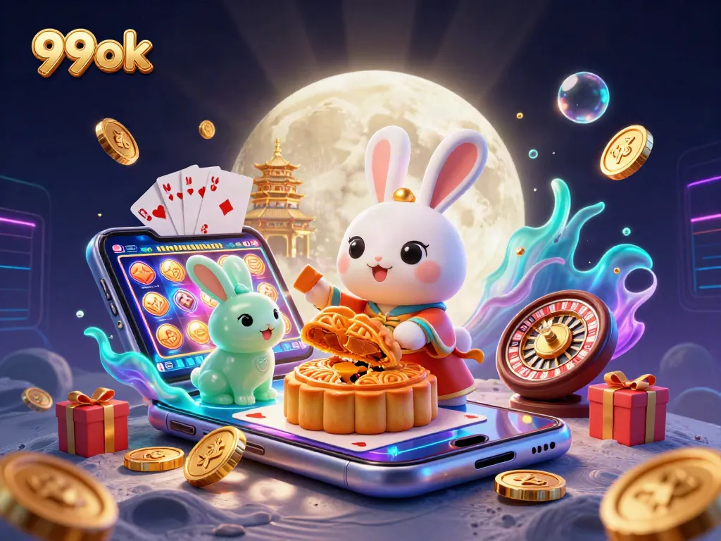 Experience thrilling 99ok gaming with a moon rabbit and poker chips bursting with excitement!