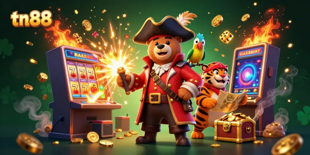 Experience excitement with tn88 as the pirate bear and tiger celebrate casino wins amidst a jackpot explosion.