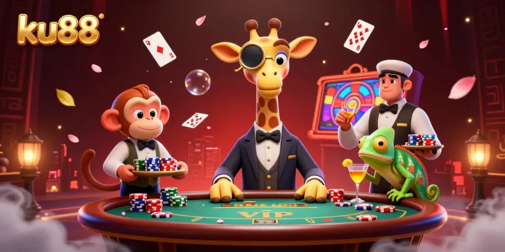 Experience thrilling gambling action at ku88 with high-roller giraffe and friends in a lively casino.