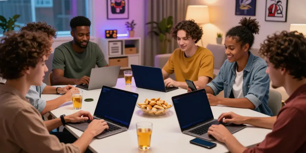 Friends enjoying online betting at home, exploring https://gem88.jpn.com/ for games.
