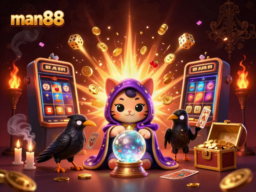 Experience the excitement of man88 with a mystical cat and raven amidst a casino jackpot scene.